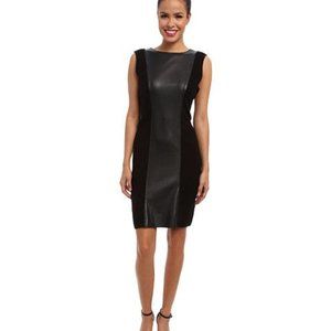 NEW CALVIN KLEN FAUX LEATHER PANEL BLACK SHEATH DRESS